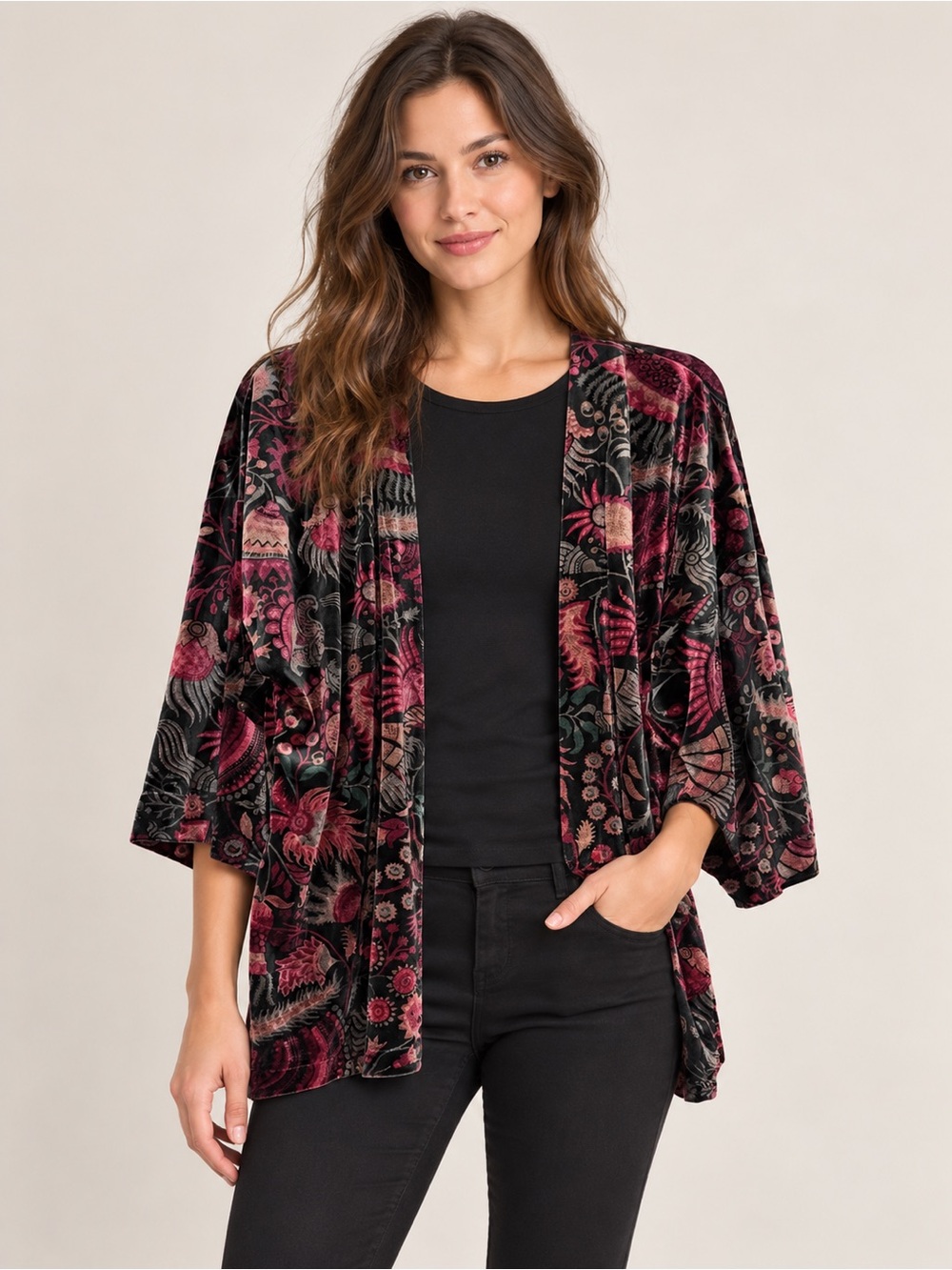 LOFT Floral Paisley Kimono Cardigan Open Front Black Burgundy One Size Wrap